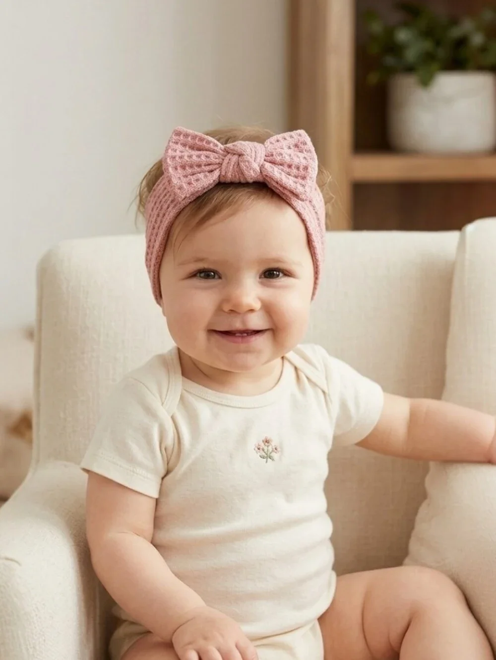 Boho Baby Girl Waffle Knit Bowknot Headband Dusty Rose Soft Elastic Hairband